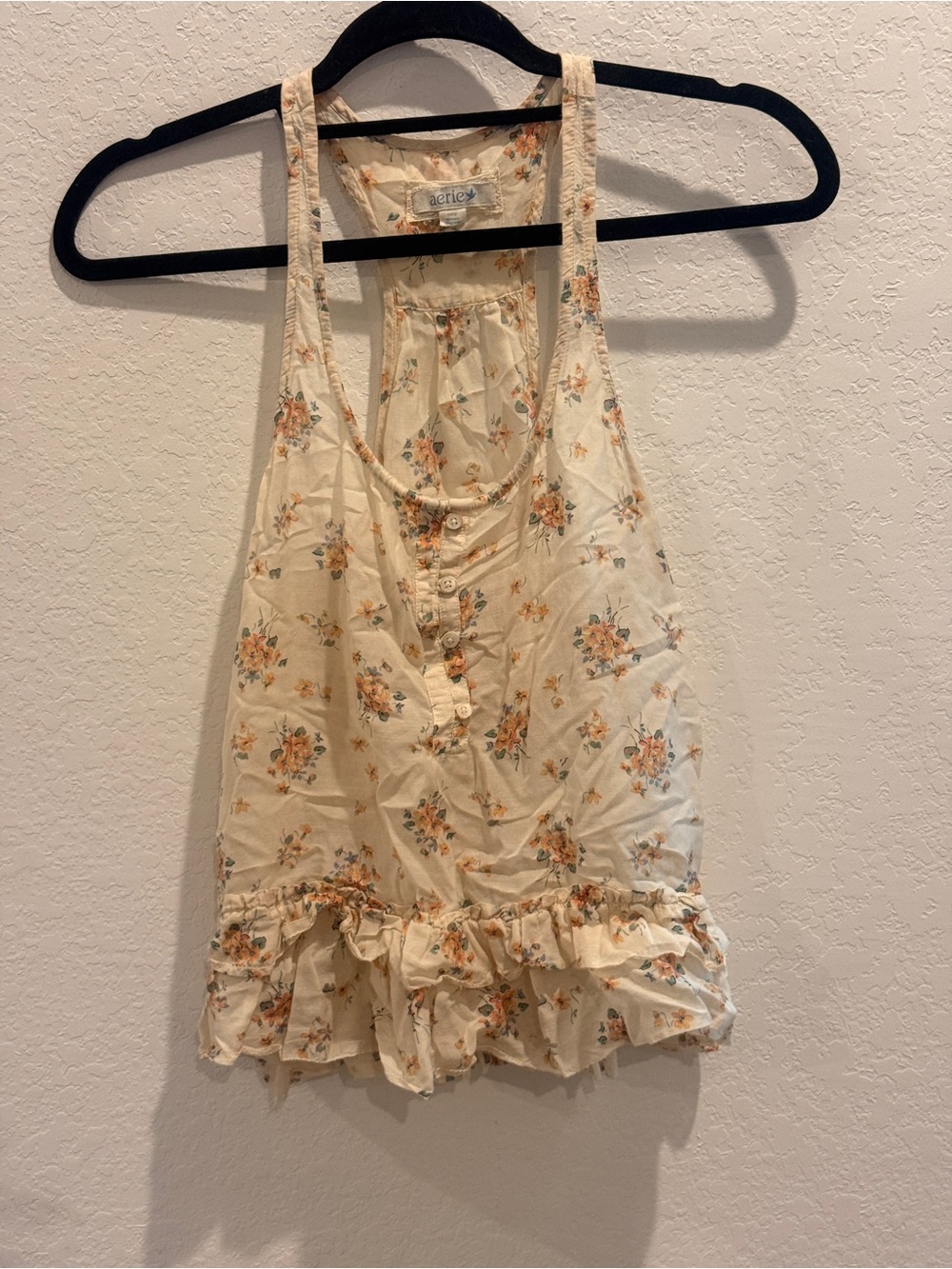 aerie Cream Floral Ruffle Tank Top